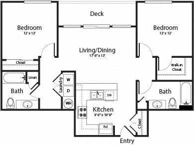 Image of D1 Floor Plan - 2 Bedroom 2 Bath 1,040 Sq Ft